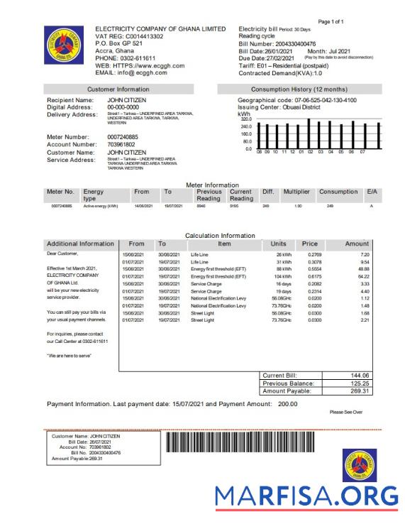 Blank Ghana Electricity Company of Ghana utility bill template